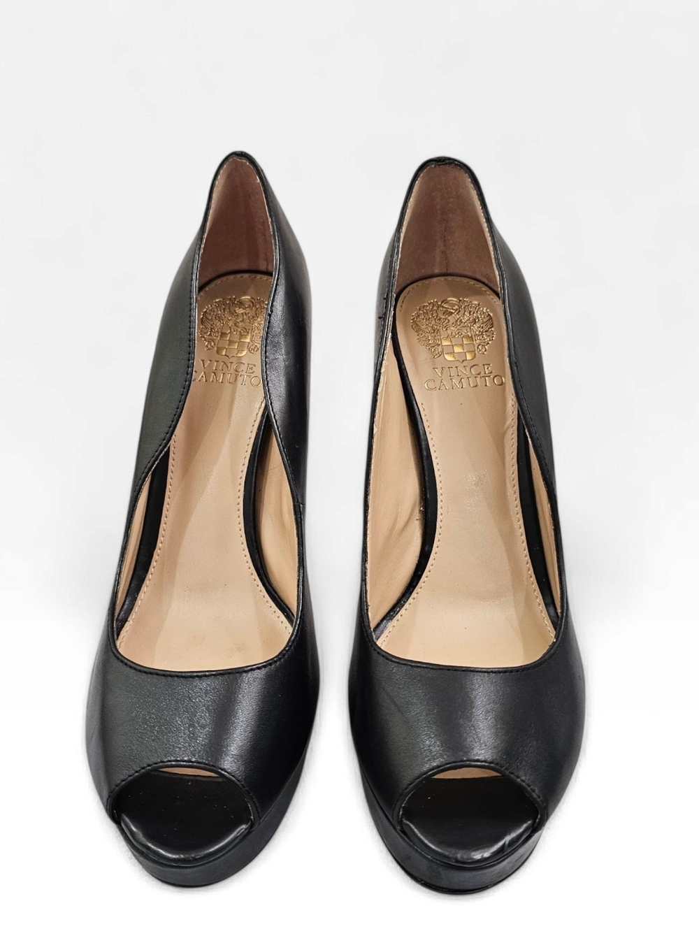 VINCE CAMUTO Lainey Black Leather Platform Peep Toe Stiletto Pumps 8.5M - Picture 3 of 10